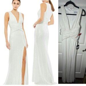 Mac Duggal White Sequin Maxi Dress Gown Size 0 New with Tags NWT